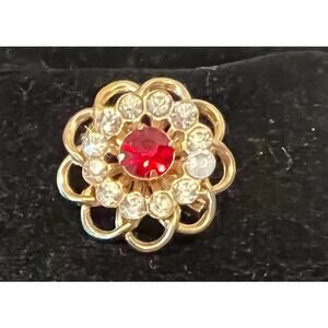 Vintage Red and White Rhinestone Flower With Brass Petals Brooch Pin